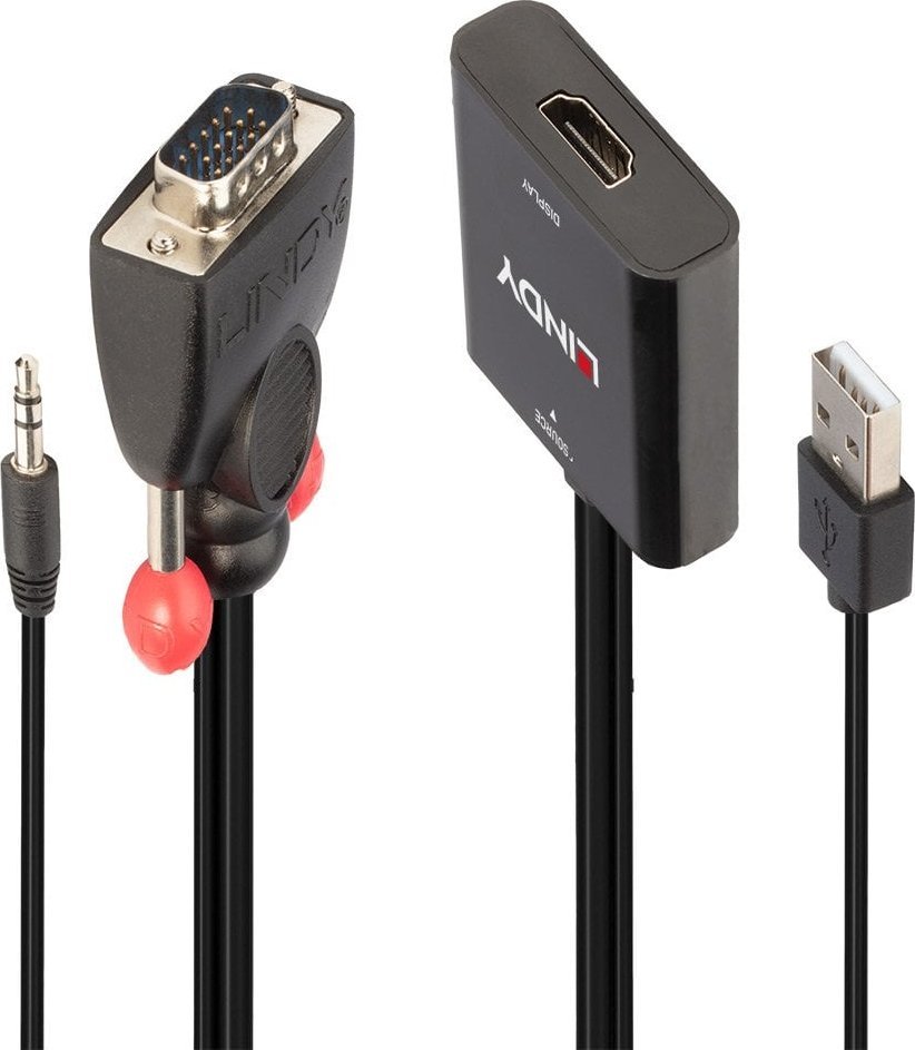 Konvertues video Lindy VGA në HDMI, audio stereo, Full HD 1080p, i zi