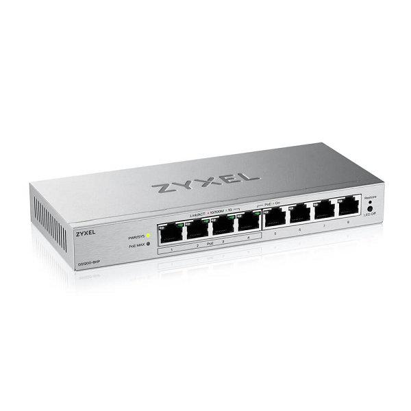 Switch rrjeti Zyxel GS1200-8HP, 8 porta Gigabit, 4 porta PoE+ 68W, fanless