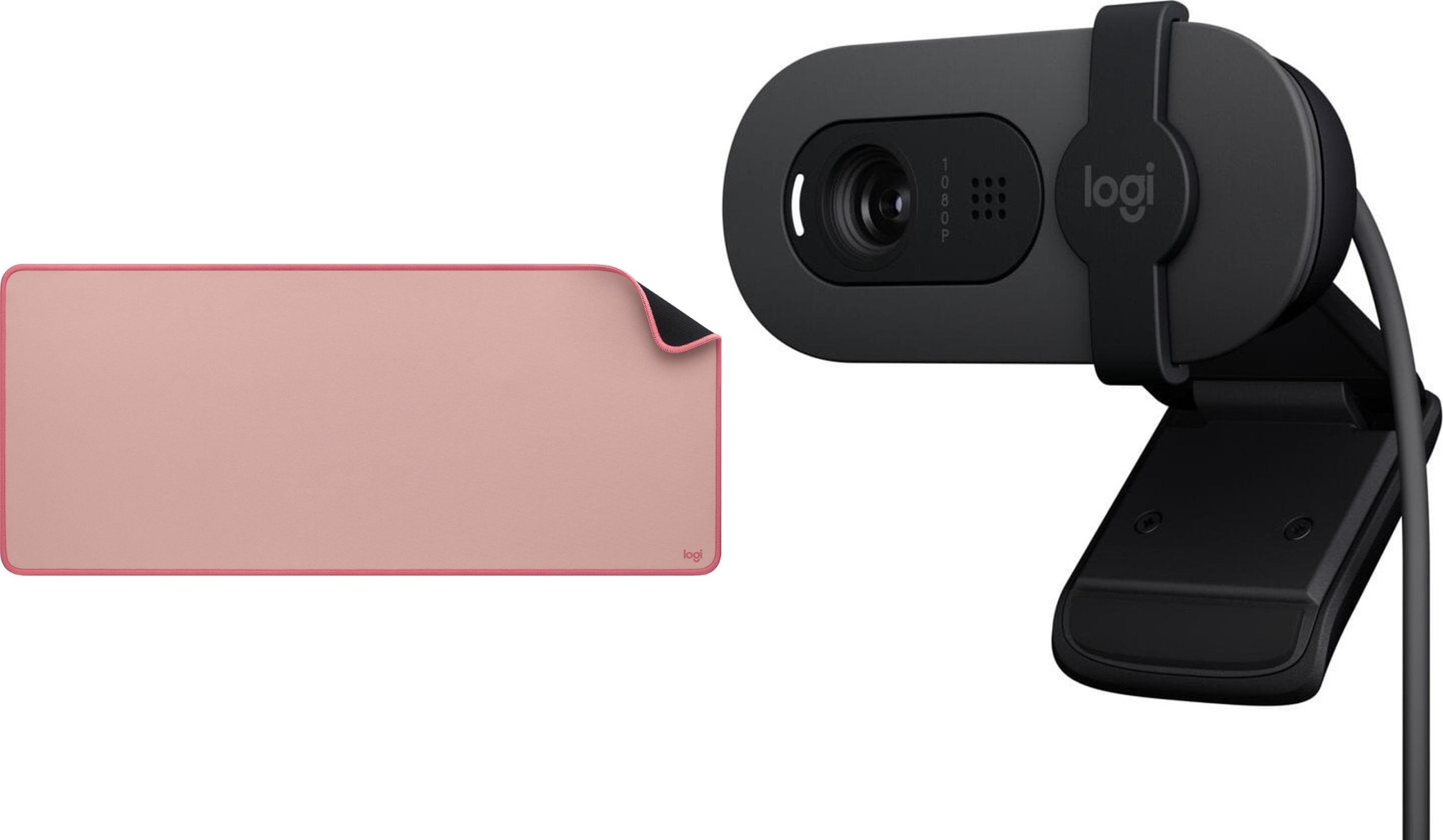 Set aksesorësh Logitech Studio Series Mouse Pad DARKER ROSE dhe Brio 100, mouse pad pëlhure, kamera Full HD, rozë e errët