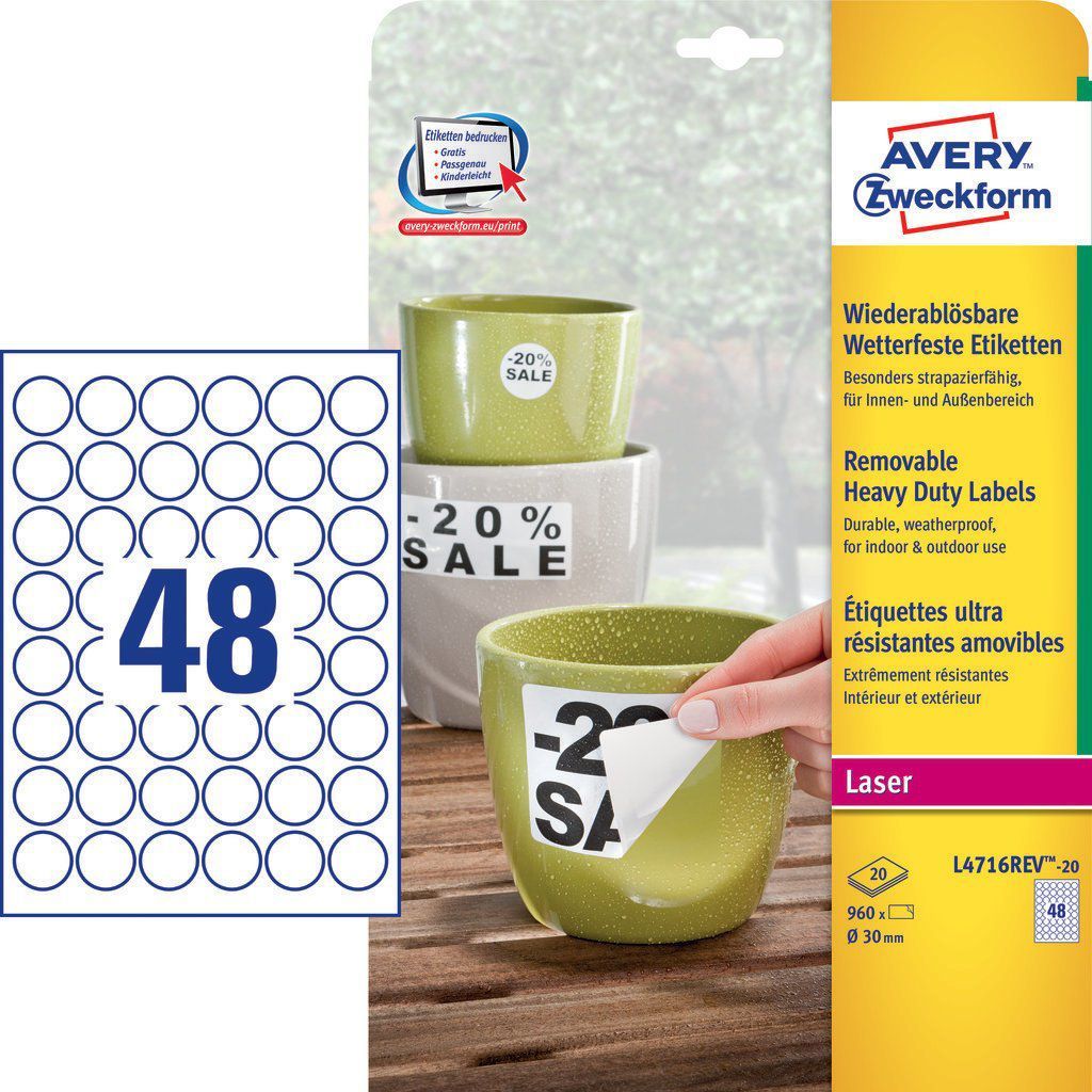 Etiketa rrethore Avery Zweckform L4716REV 20, Ø 30mm, të papërshkueshme nga uji, të bardha