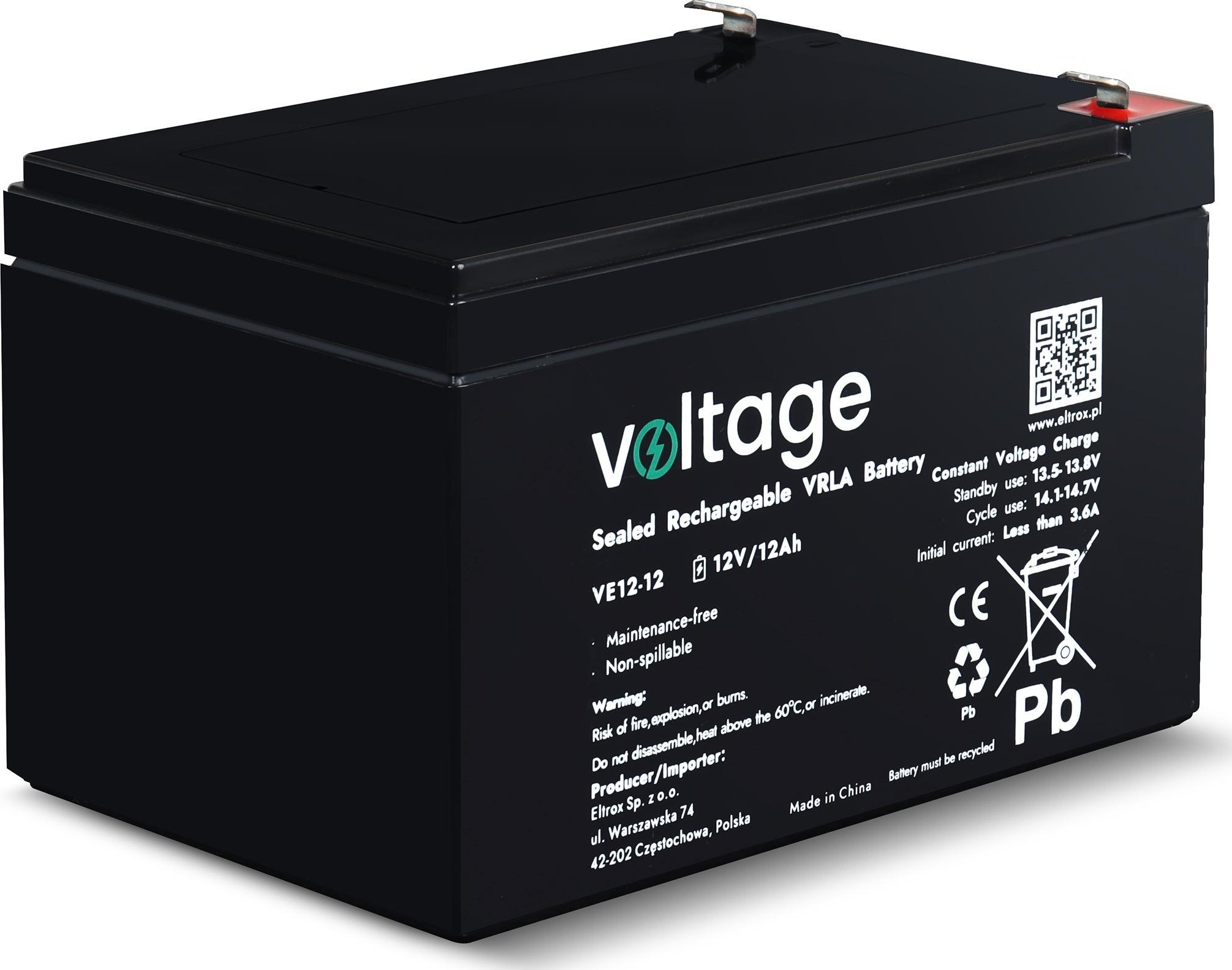 Bateri AGM Voltage VE12-12, 12V, 12Ah, e zezë