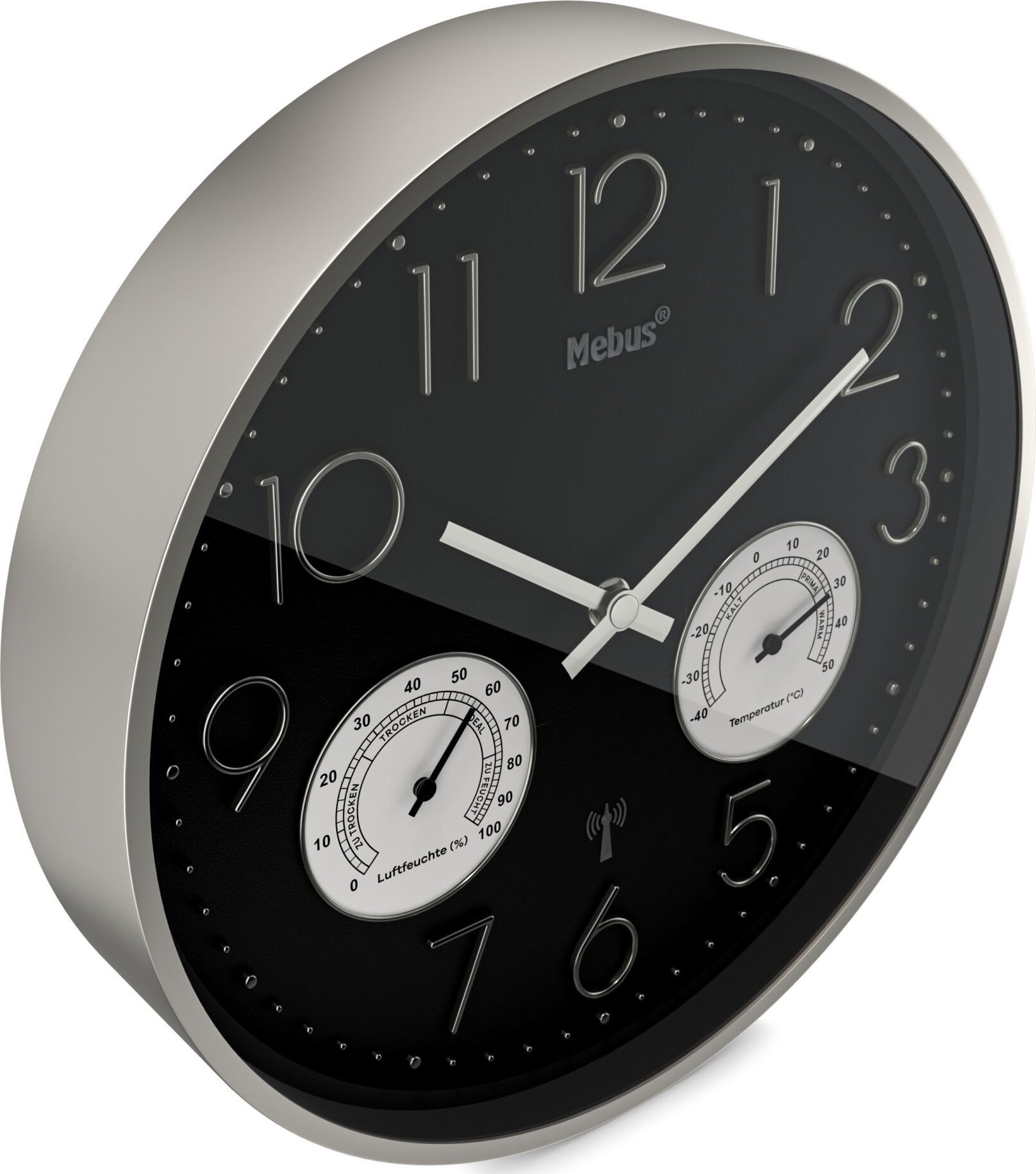 Ora murale Mebus 12988, radio kontroll, 30 x 30 cm, argjendtë