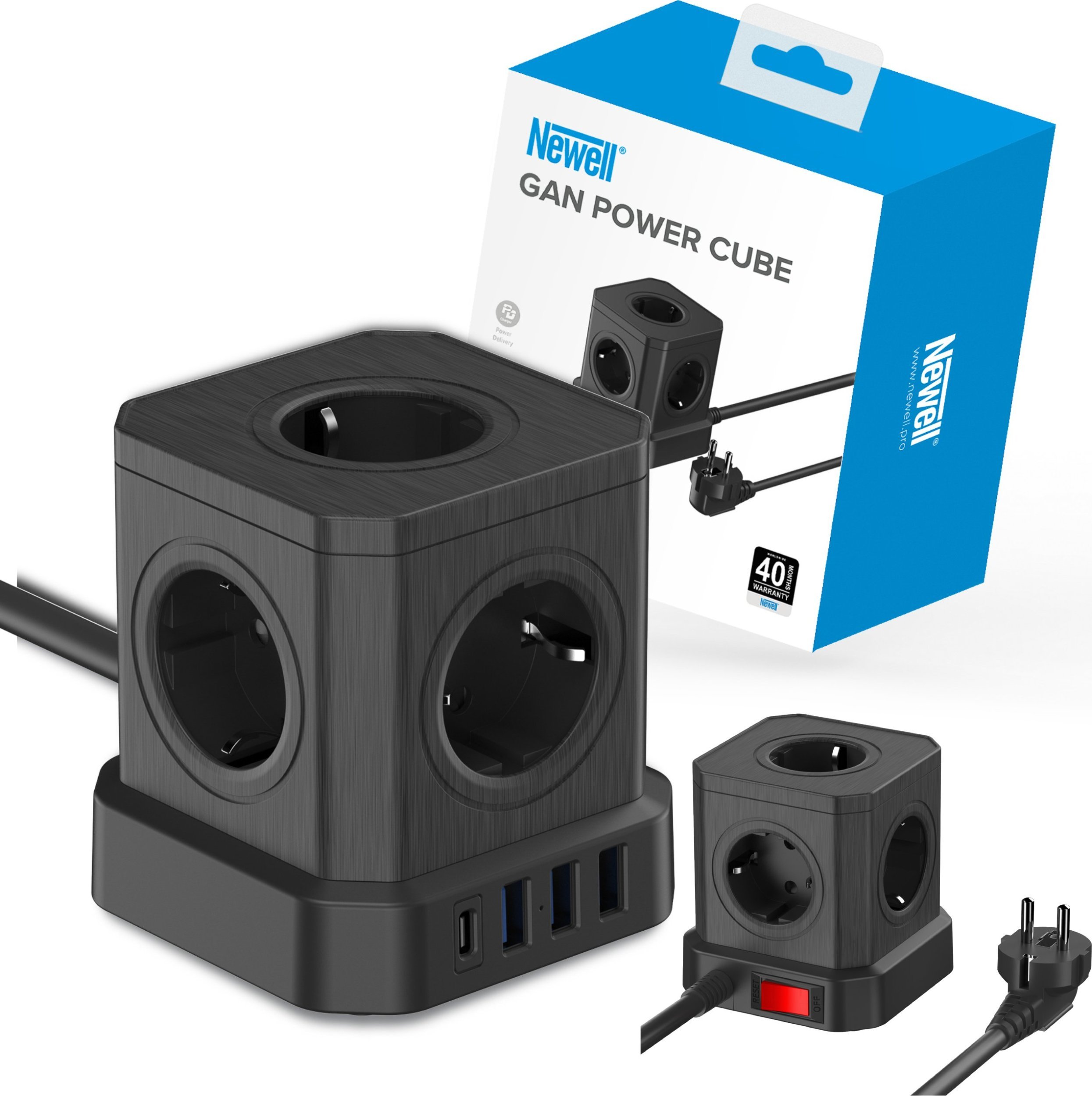 Shtrirës rryme Newell GaN Power Cube 9in1, 5x Schuko, 3x USB A 1x USB C, i zi