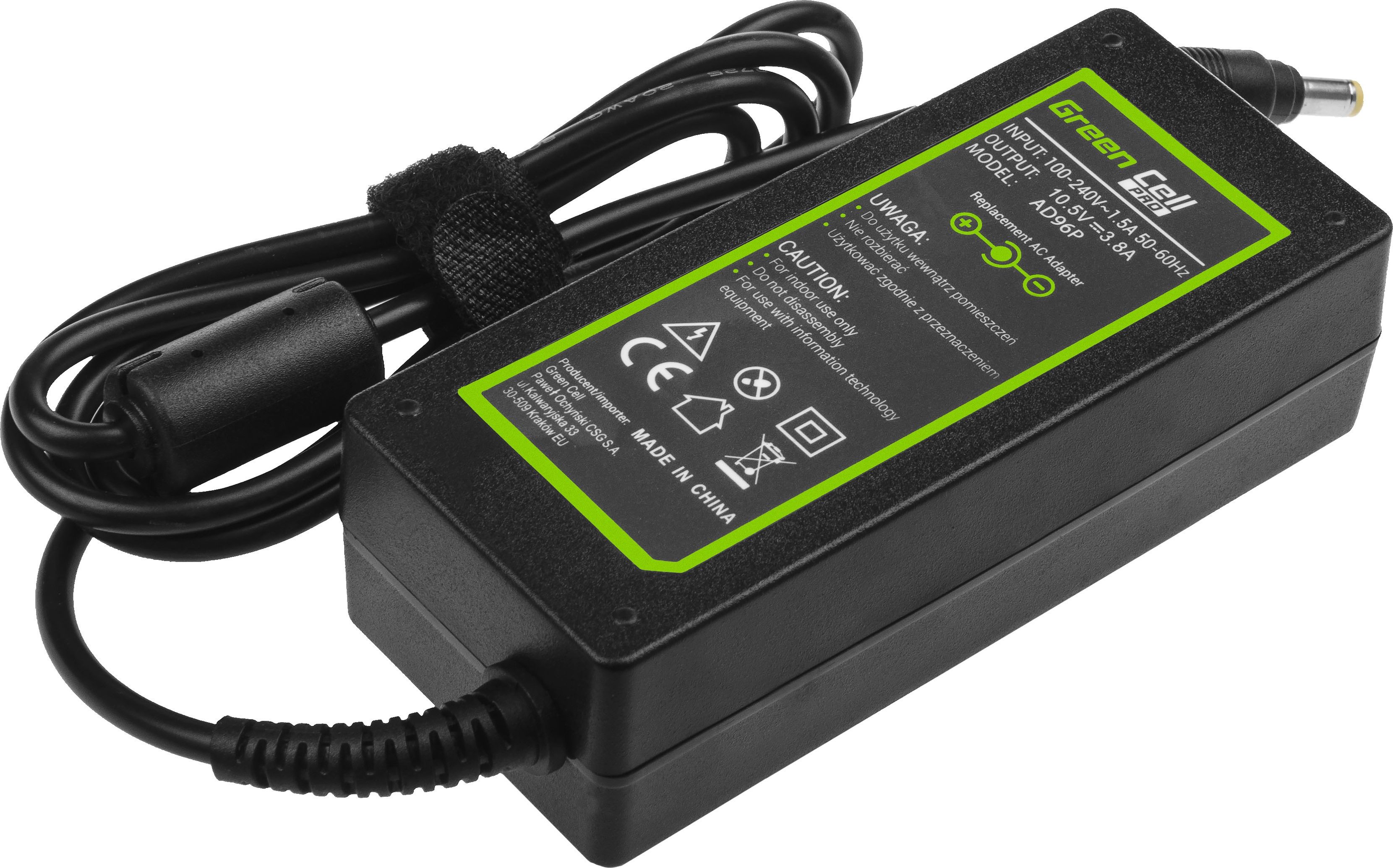 Adapter Green Cell AC për laptop, 40 W, 1.7mm, 3.8A, 10.5 V, i zi