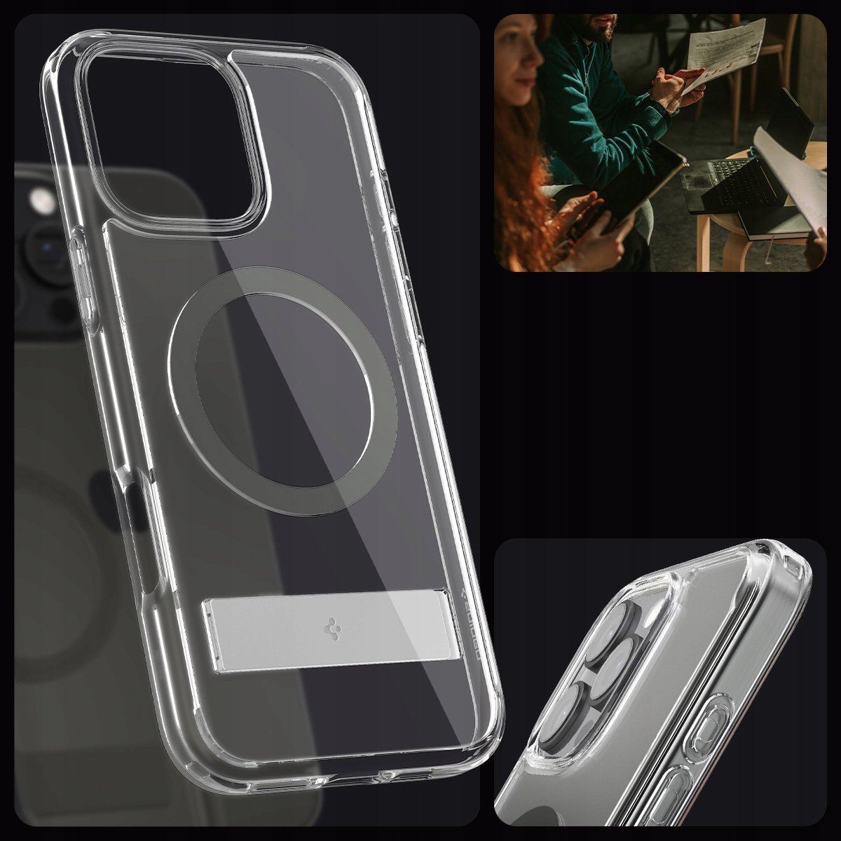 Mbulesë telefoni Spigen Ultra Hybrid S MagSafe, për iPhone 16 Pro, me mbajtëse, grafit