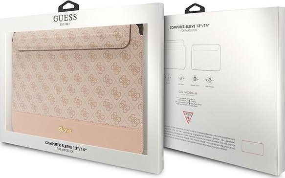 Футрола за лаптоп Guess 4G Smooth, 13/14", PU, розова