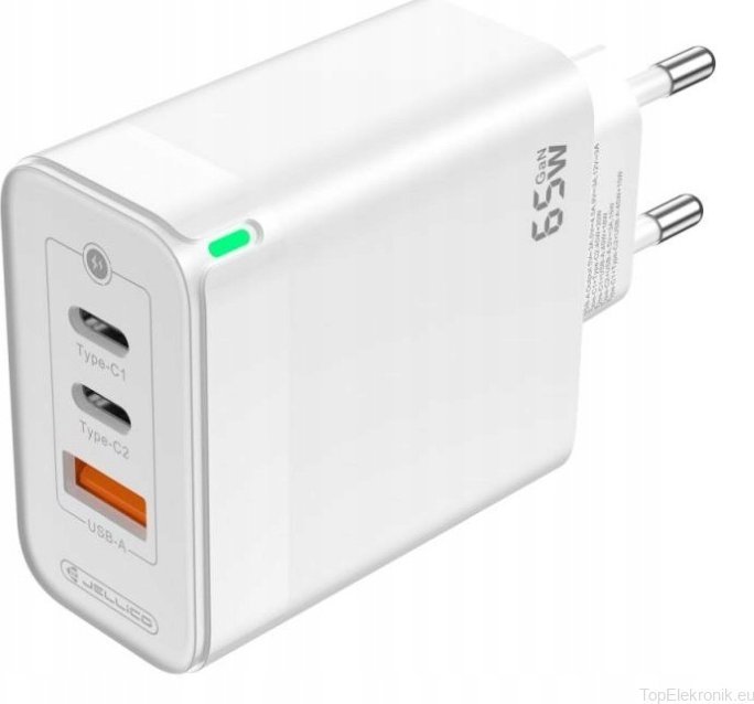 Karikues rrjeti GaN 65W, 2x USB C, USB A, me kabllo USB C