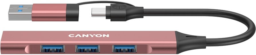 Hub USB 4 në 1 Canyon DS-02, USB-A dhe USB-C, portativ, rozë