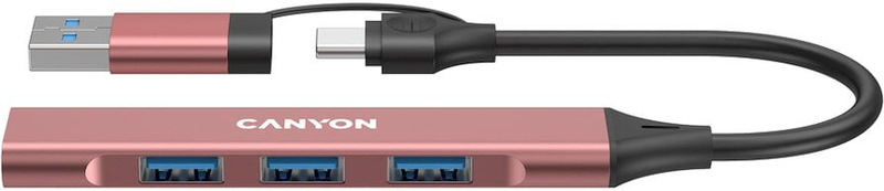 Hub USB 4 në 1 Canyon DS-02, USB-A dhe USB-C, portativ, rozë