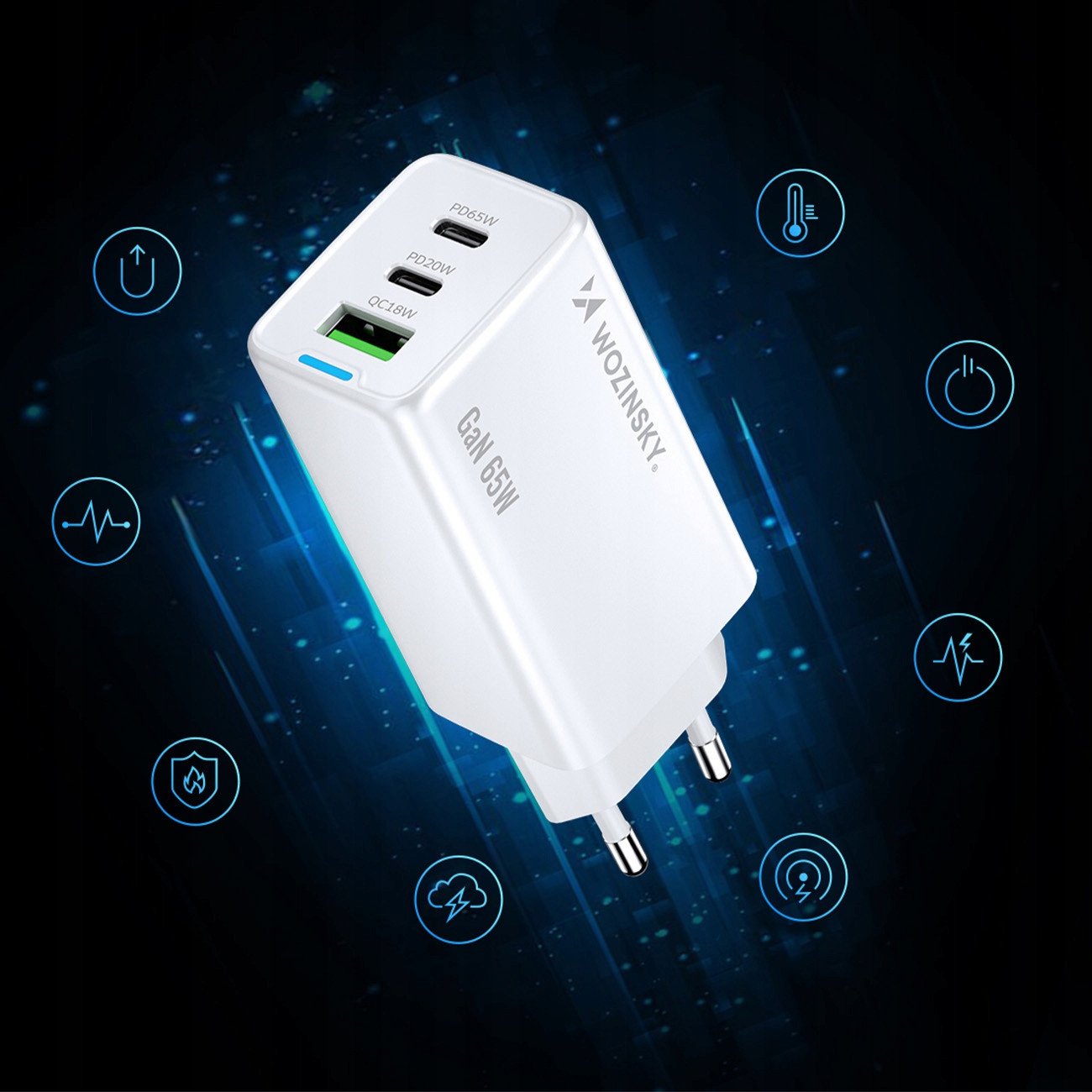 Karikues USB Wozinsky GaN 65W, 2x USB C, USB A, me kabllo 65W, i bardhë