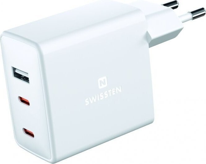 Ѕиден полнач Swissten GaN, 70W, 2x USB C и USB, бел
