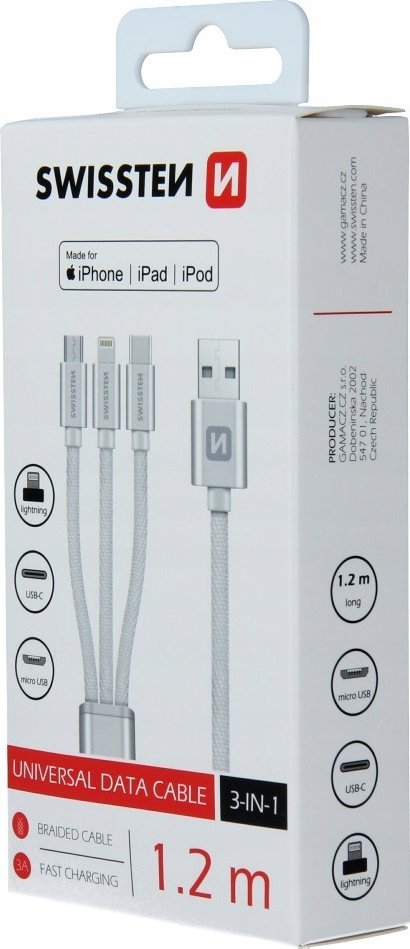 Kabllo karikimi Swissten Textile 3in1 MFi, 1.2m, Sync & Charge, e bardhë