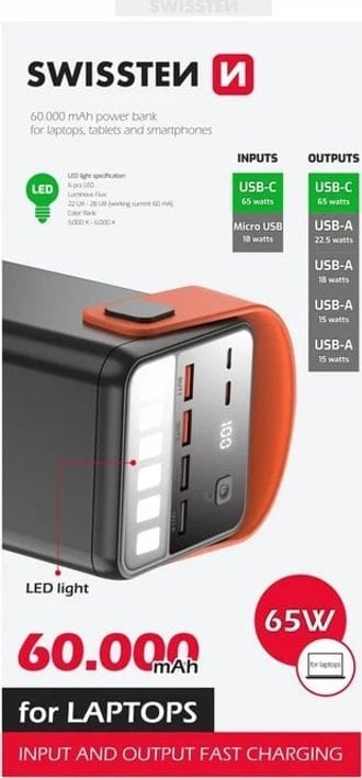 Karikues i jashtëm Swissten Power Line, 60000 mAh, 65W Power Delivery, i zi