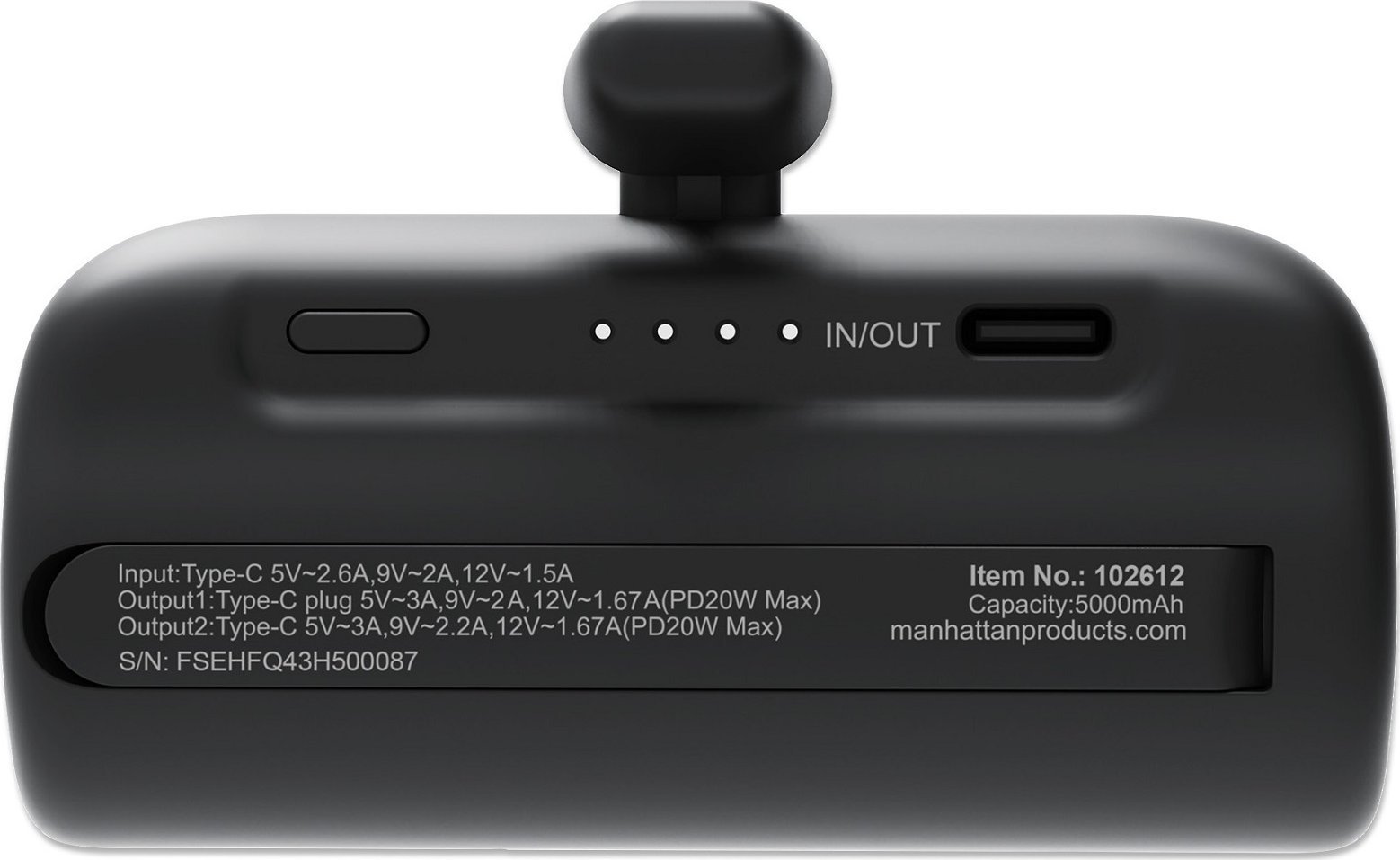 Karikues portativ Manhattan 5000 mAh, prizë USB-C e integruar, 20 W, me mbajtëse, i zi