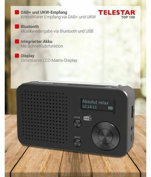 Radio me bateri Telestar TOP 100, DAB+ FM, Bluetooth USB, e zezë
