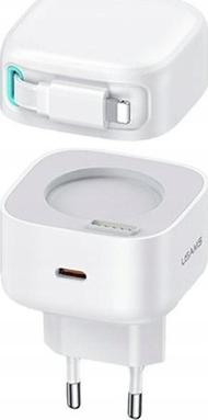 Karikues rrjeti USAMS US-CC202 GaN, 35W, USB-C me kabllo Lightning tërheqëse, i bardhë