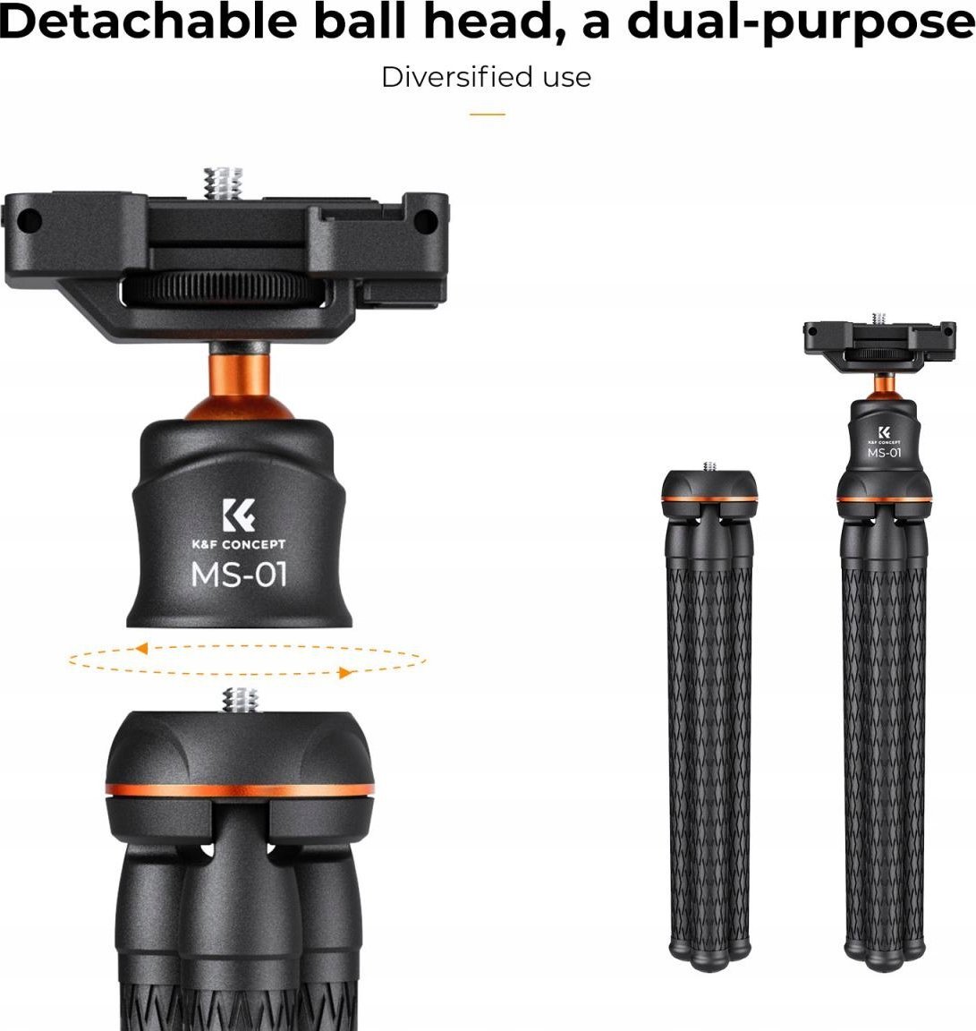 Tripod për telefon dhe kamera K&amp;F Concept Versatile Mini, këmbë fleksibile, me telekomandë Bluetooth, i zi