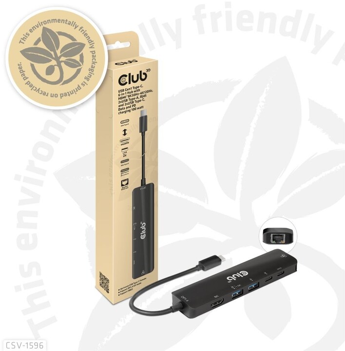Kabllo Hub Club3D USB-C, 6në1 Hub me HDMI 8K30Hz, 2xUSB Type-A, RJ45 dhe 2xUSB Type-C