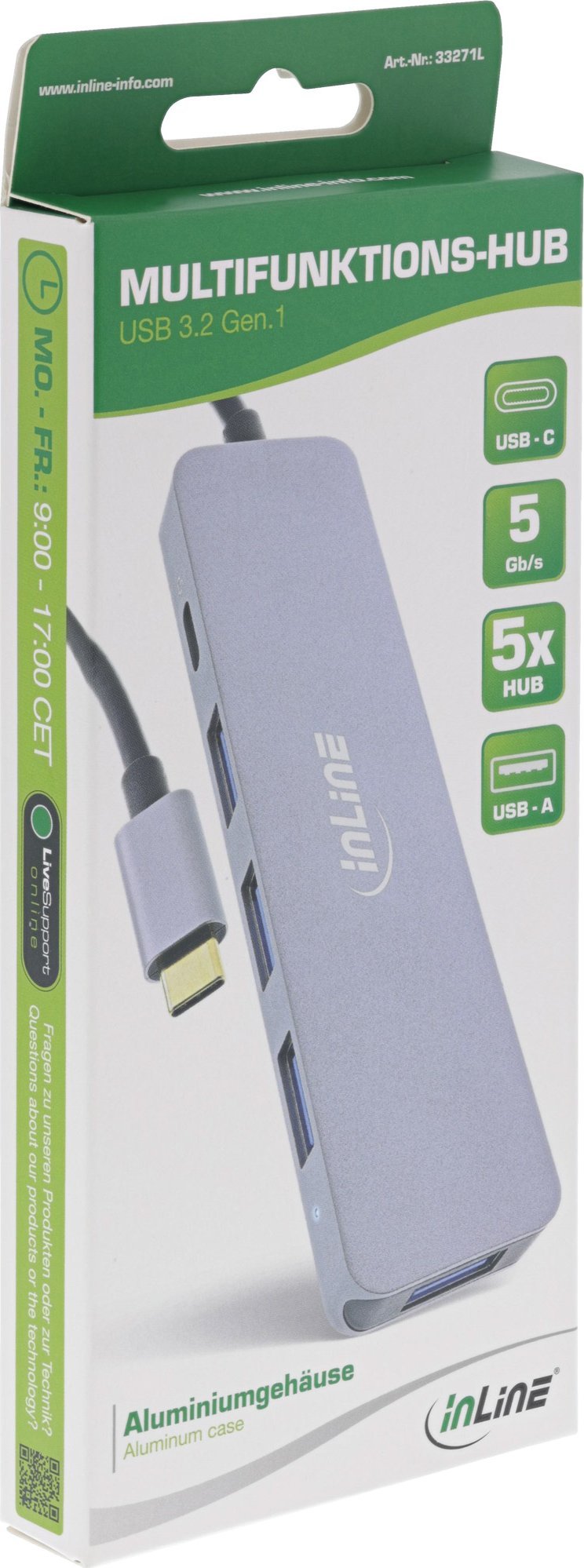 HUB USB InLine USB 3.2 Тип-C мулти хаб, 4x USB-A 5Gb/s, PD 87W, сребрен