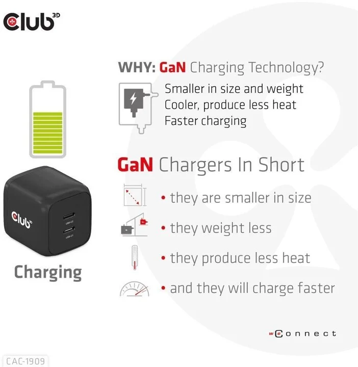 Karikues Club3D, teknologji GAN, 2xUSB-C, PD 3.0, 45W, i zi