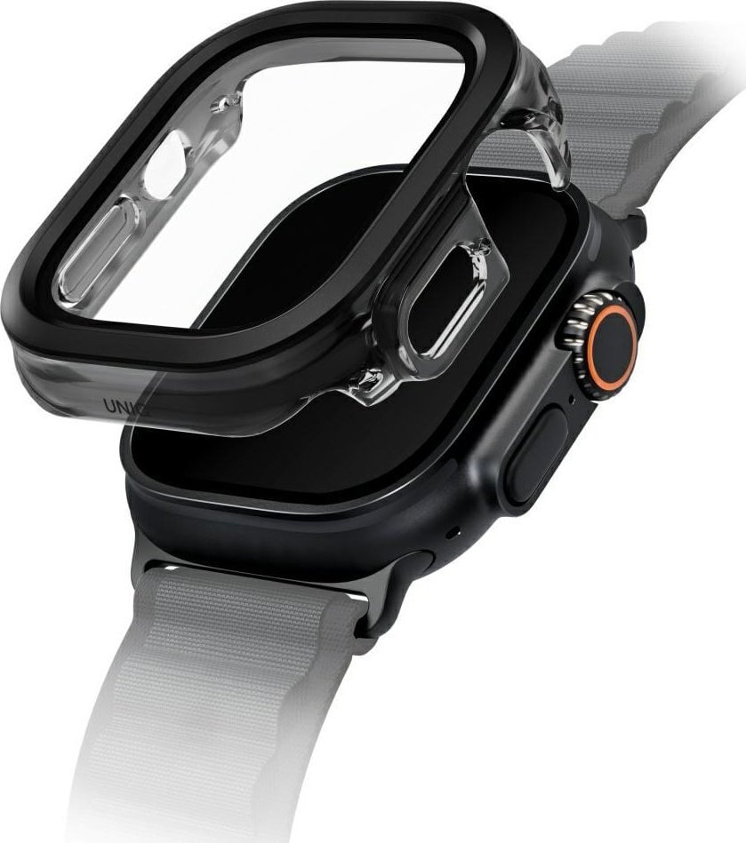 Заштитна маска Uniq Voute за Apple Watch Ultra 49mm, калено стакло, пластична рамка, црна