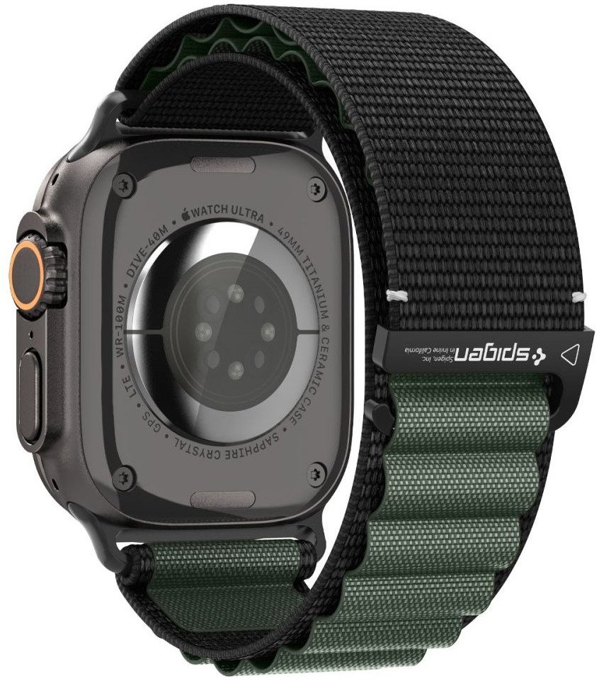 Byzylyk për Apple Watch Spigen WBF1, 44 45 46 49 mm, najlon sportiv, i zi jeshil
