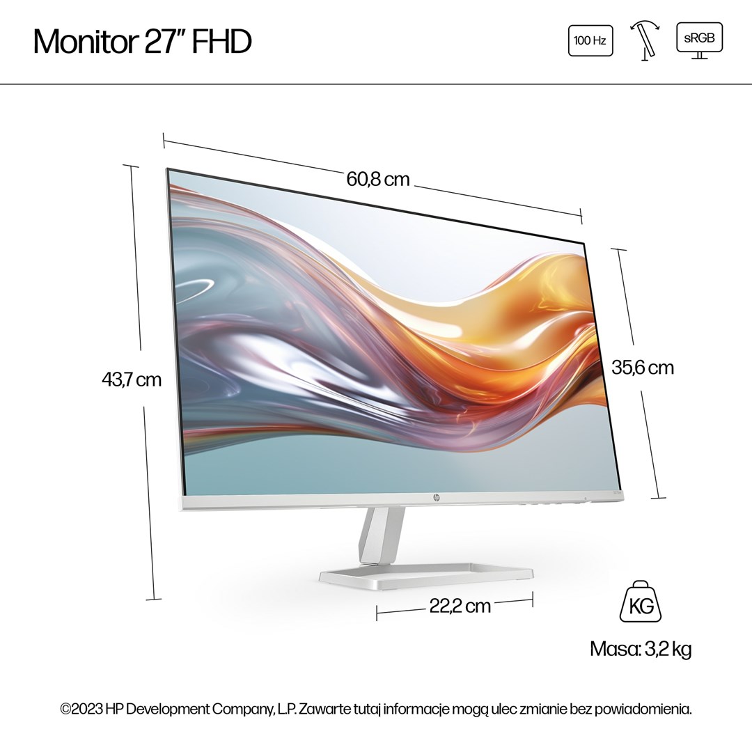 Monitor HP 27-inch Series, 27", 1920 x 1080, 100 Hz, i bardhë