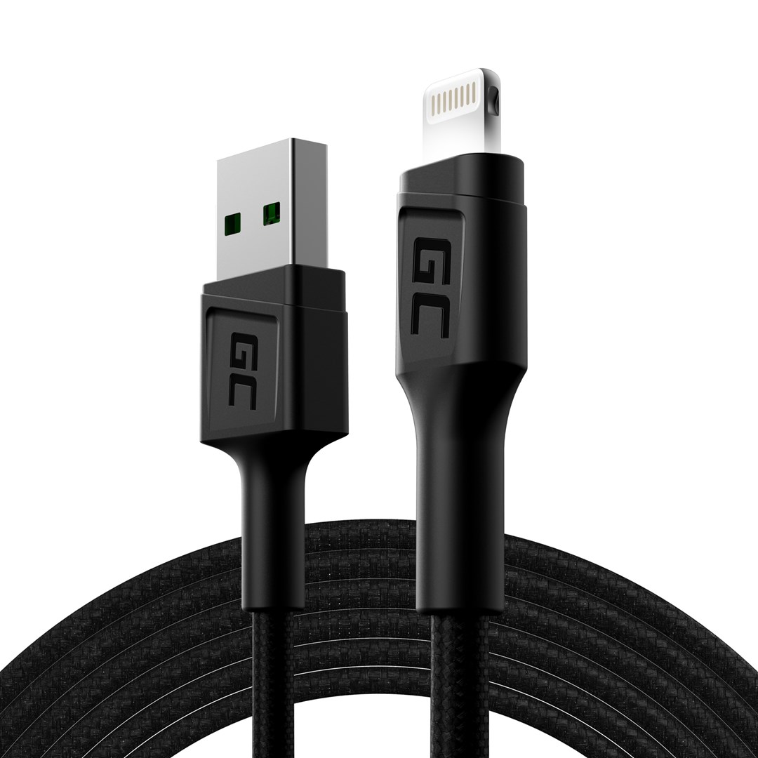 Kabllo Green Cell KABGC12, 2m, Lightning në USB-A, 480 Mbps, e zezë