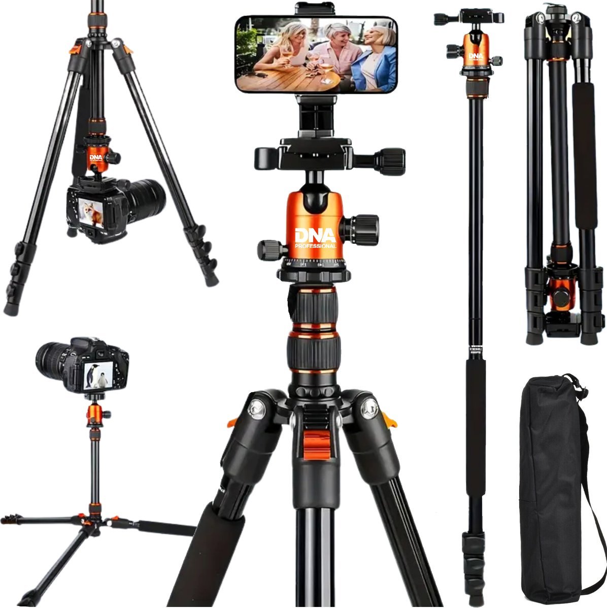 Tripod për kamera dhe telefon Bitmat PS1 PRO, 170 cm, me mbajtëse telefoni dhe çantë transporti, i zi