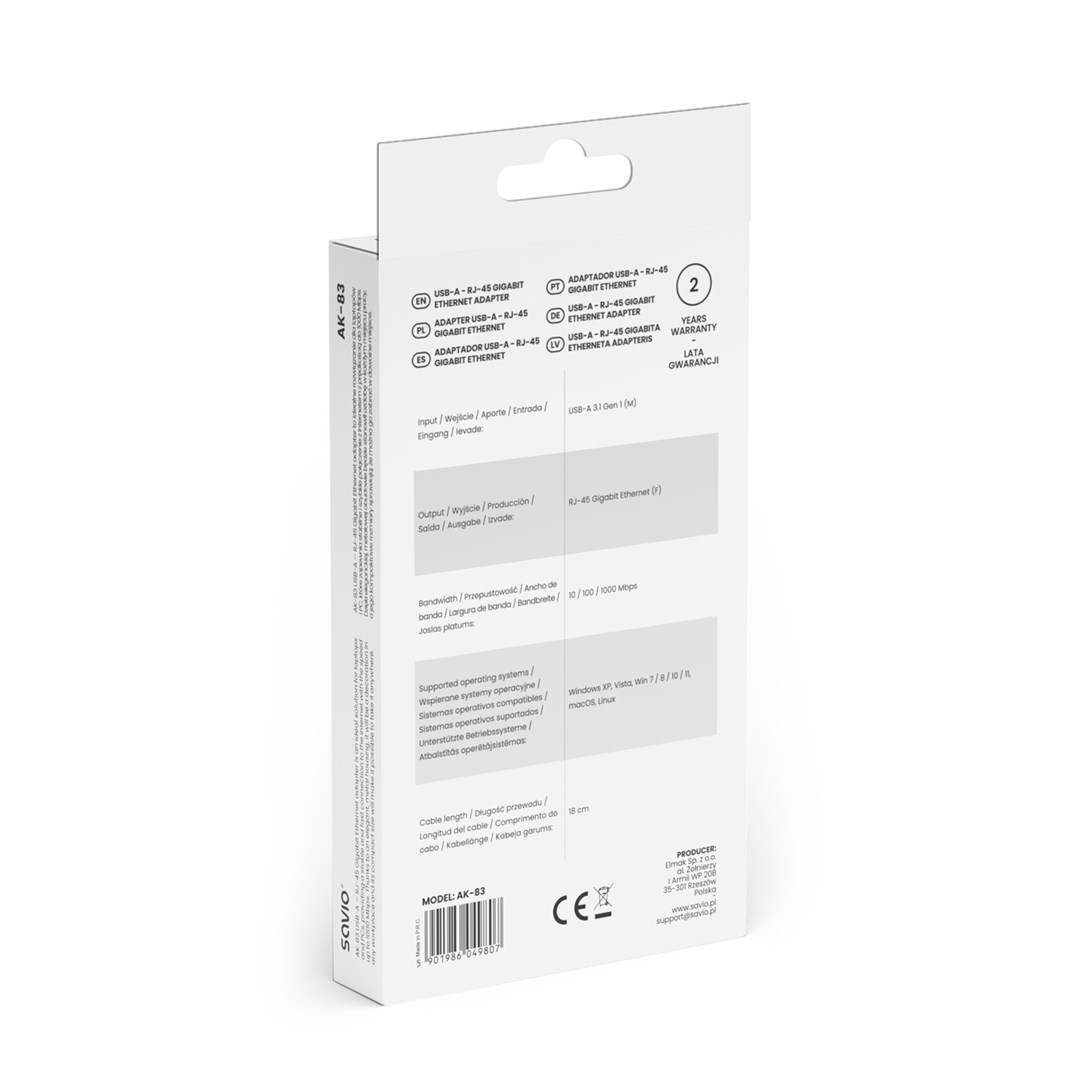 Adapter rrjeti Savio AK-83, USB 3.1 në RJ-45, 1 Gbps, i zi
