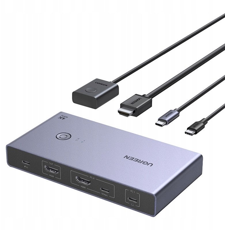 Ndërprerës KVM UGREEN USB C HDMI, 1 monitor 2 kompjuterë, 4 porta USB 3.0, 4K 60Hz, alumini gri