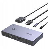 Ndërprerës KVM UGREEN USB C HDMI, 1 monitor 2 kompjuterë, 4 porta USB 3.0, 4K 60Hz, alumini gri