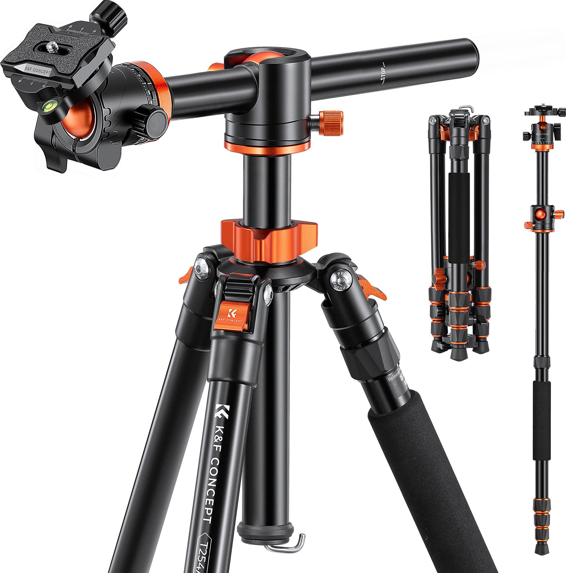 Tripod fotografik K&amp;F Concept T254A4+BH-28L, aliazh alumini dhe magnezi, konvertueshëm në monopod, portokalli metalik