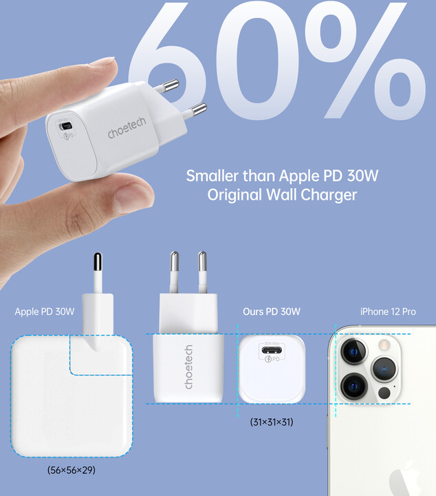 Karikues Choetech PD5007 GaN, USB-C, PD, 30W, i bardhë