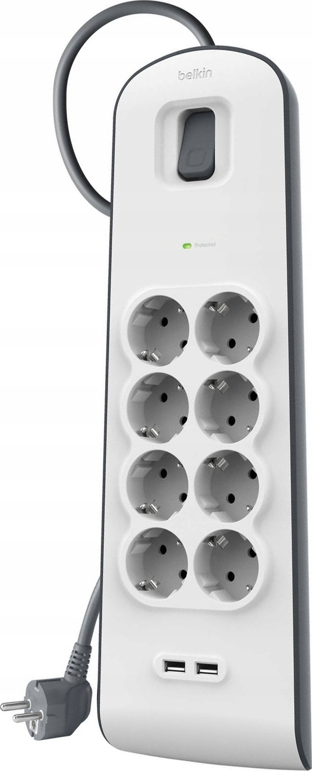 Prizë zgjatese Belkin Power Strip Surge Protection, 8 dalje, USB, 2 m, e bardhë