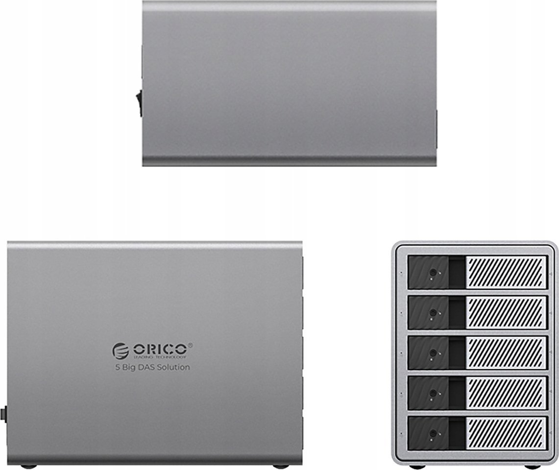Kuti disqesh Orico 9858T3, 5x 2.5"/3.5" SATA HDD SSD, Thunderbolt 3, argjendtë