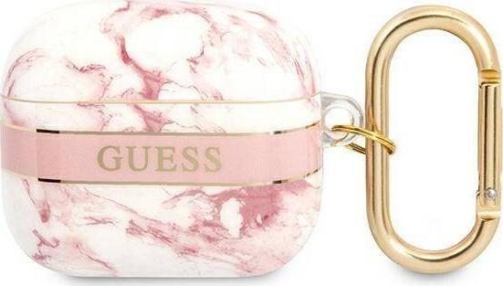 Futrollë mbrojtëse Guess Marble Strap Collection për AirPods 3, me unazë varëse, rozë