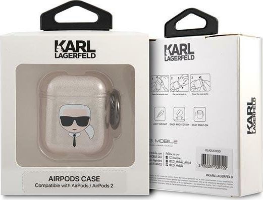 Mbulesë mbrojtëse Karl Lagerfeld KLA2UKHGD për AirPods 1/2, glitter, ngjyrë ari