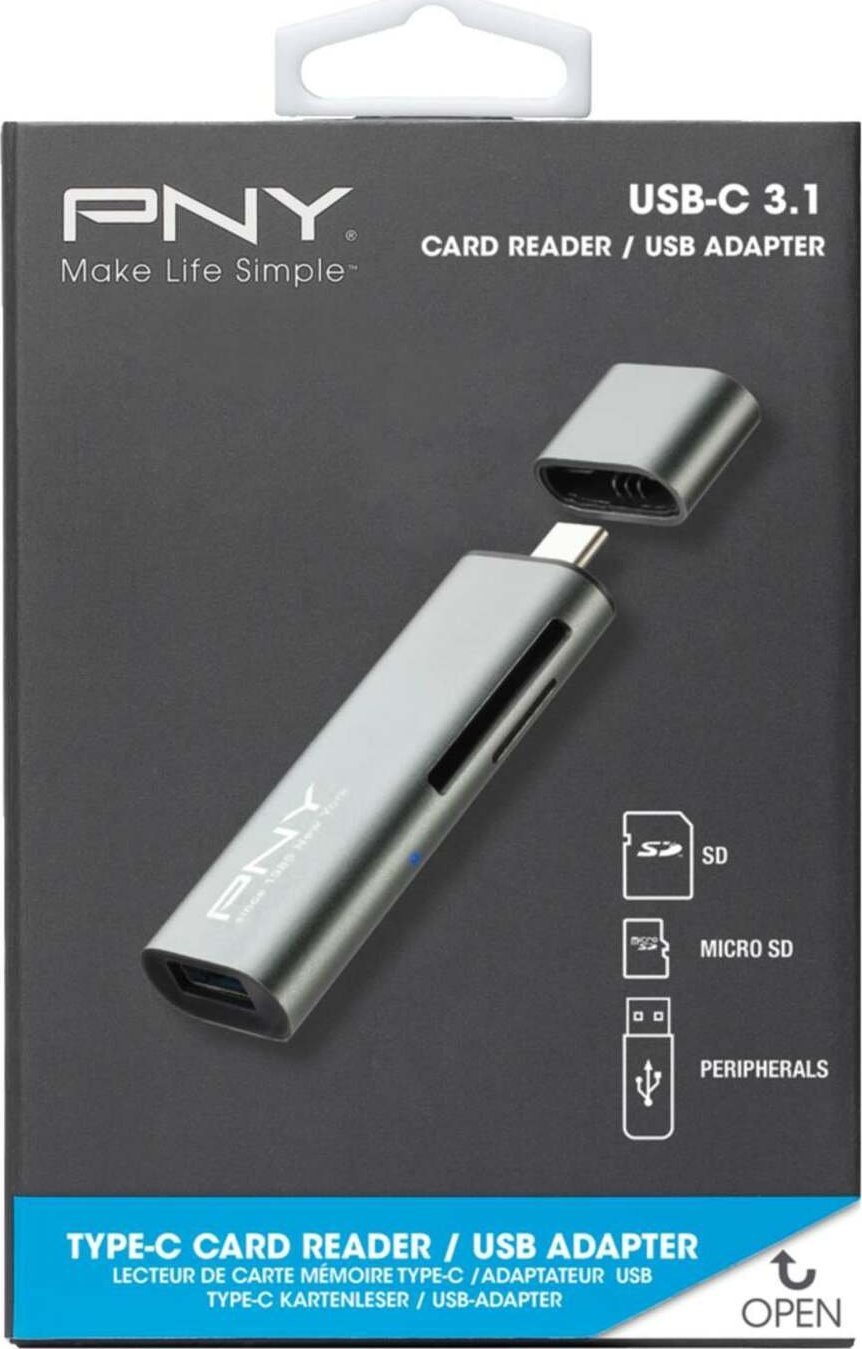 Lexues karte PNY R-TC-UA-3N1E01-RB, USB C dhe USB A, SD dhe microSD, gri
