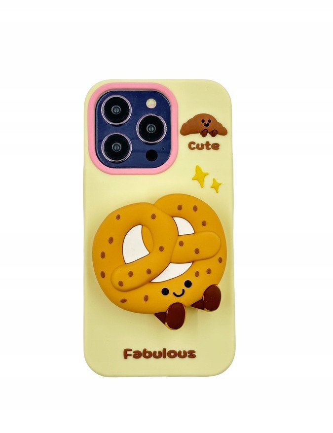 Mbështjellëse 3D me pretzel dhe stand për iPhone 14, silikoni, e kafe