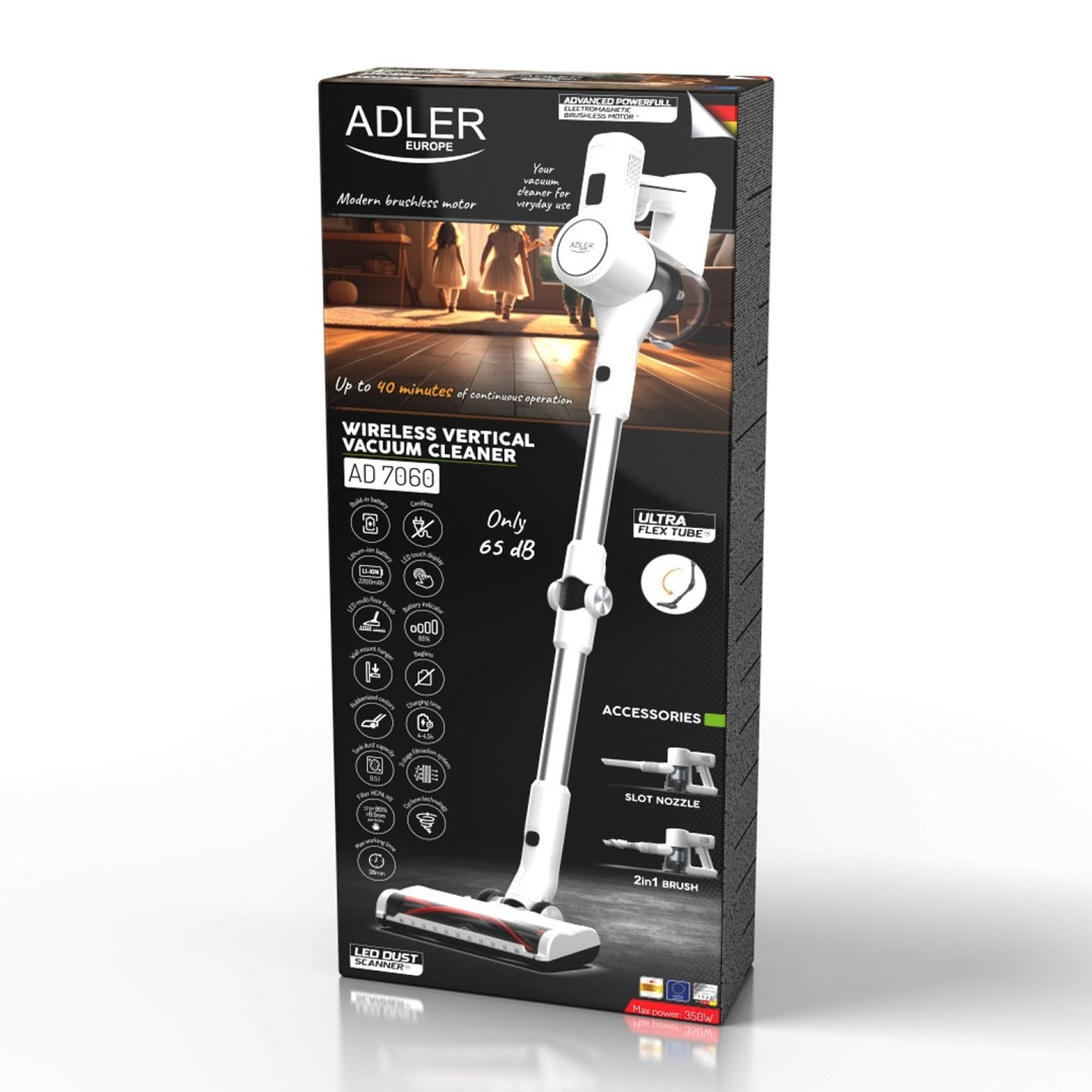 Fshesë me korrent vertikale Adler AD 7060, pa kabllo, LED, e bardhë