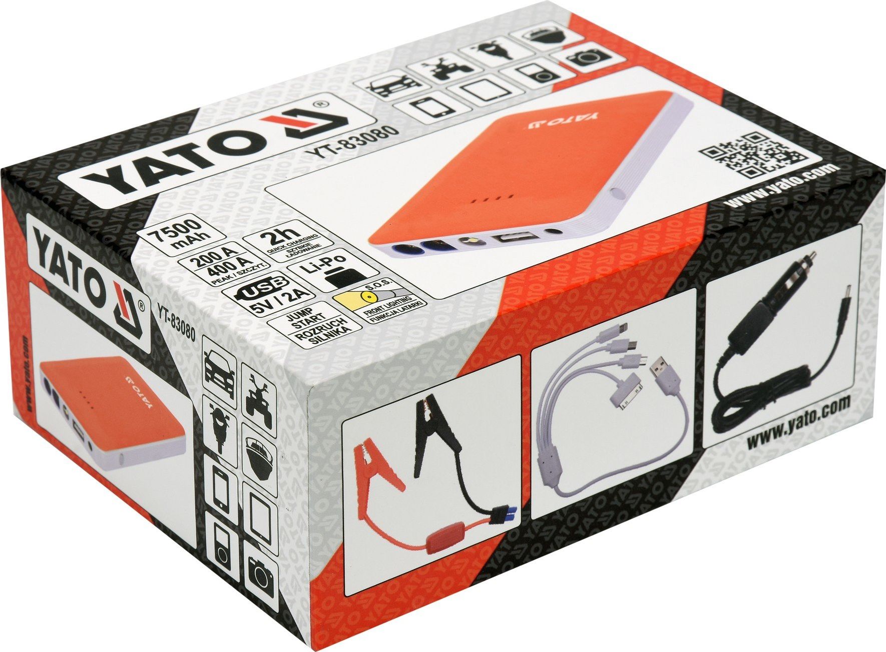 Powerbank Yato YT-83080, 7500mAh, me startues makine, i bardhë e kuqe