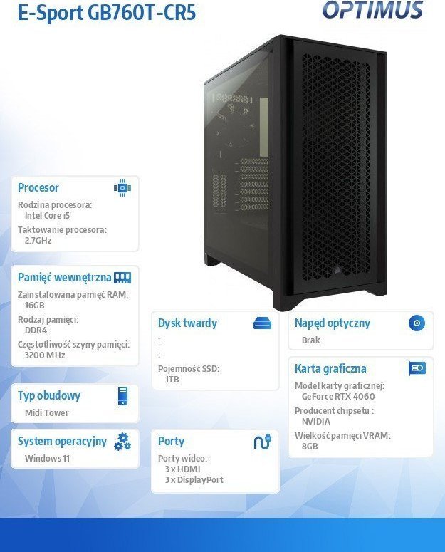 Kompjuter gaming Optimus E-Sport GB760T CR5, i5-13600, 16GB RAM, 1TB SSD, RTX 4060 8GB, Windows 11, i zi