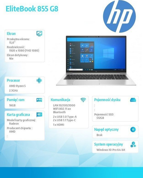 Laptop HP EliteBook 855 G8, 15.6'', 16GB RAM, AMD Ryzen 5 5600U, i argjendtë