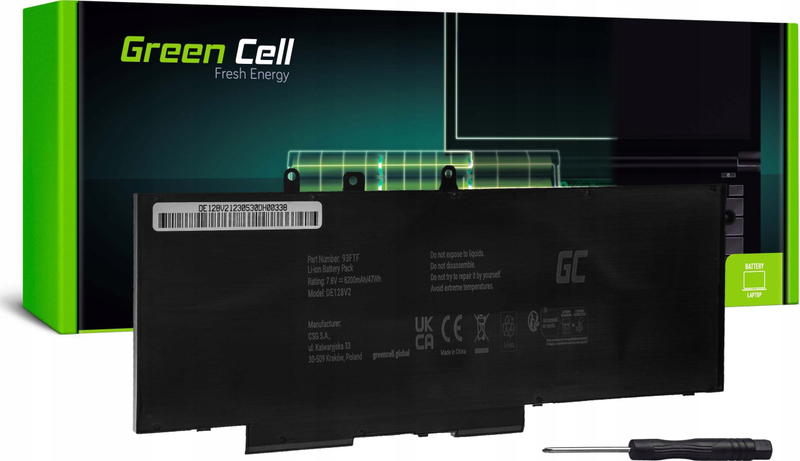 Bateri laptopi Green Cell 93FTF GJKNX, 7.6V, 6200mAh, e zezë