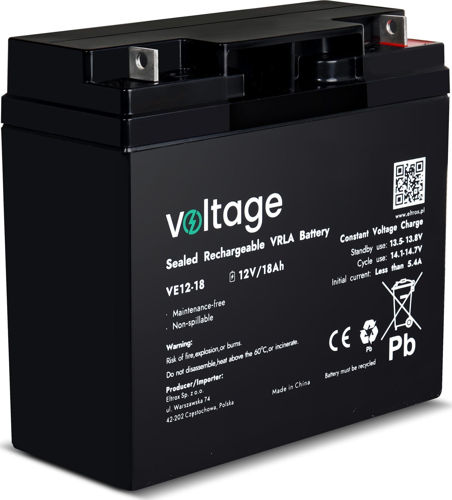 Bateri AGM Voltage VE12-18, 12V, 18Ah, gri