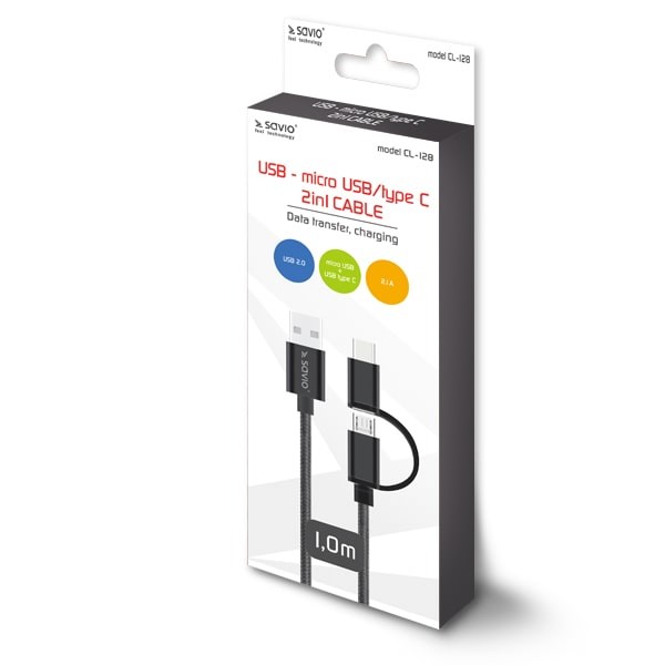 Kabllo Savio, USB A / USB C / Micro-USB A, 1 m, e zezë