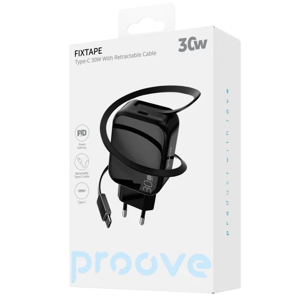 Karikues muri Proove Fixtape me kabllo të integruar Type-C, 30W, i zi