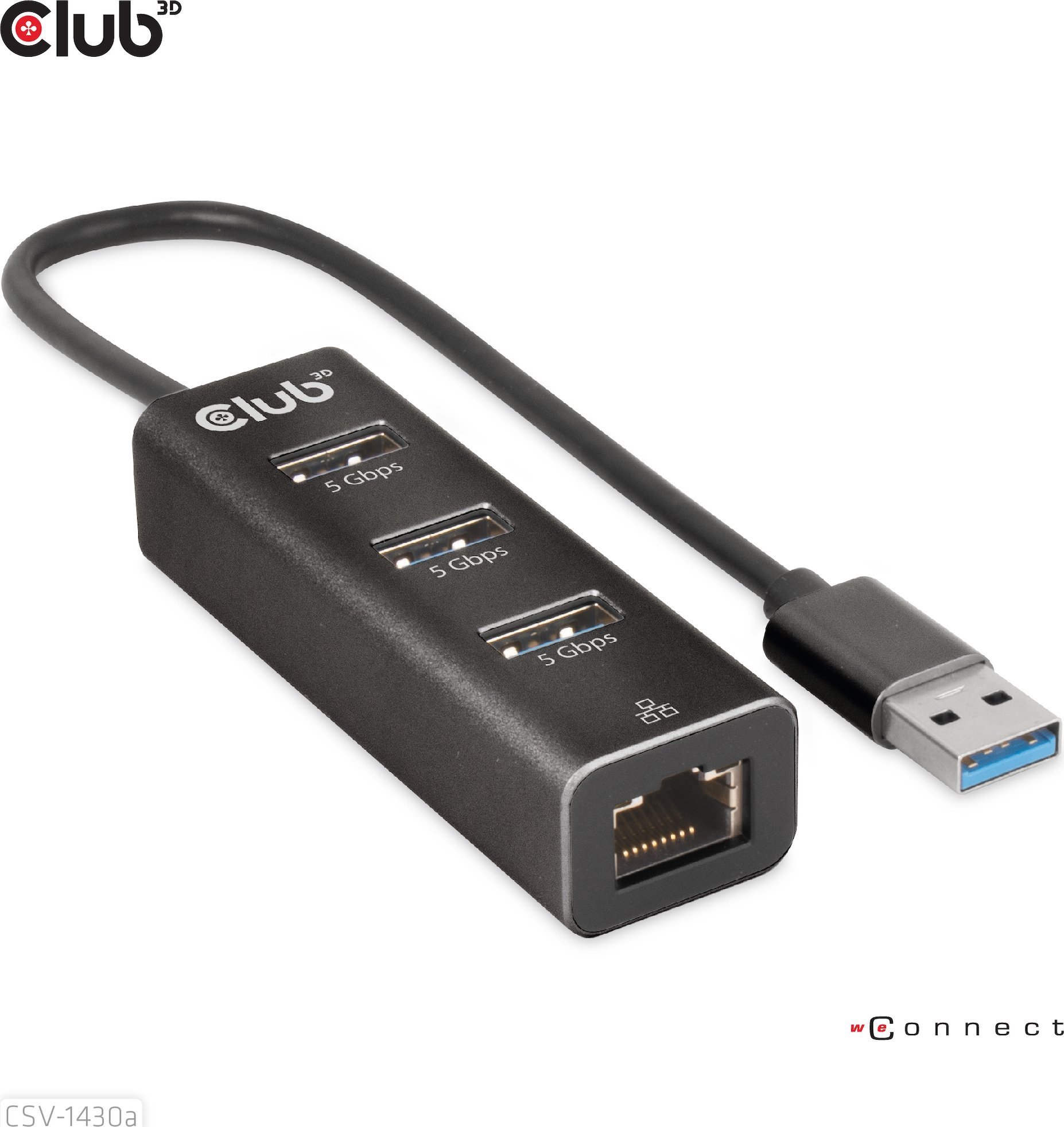 Splitter USB Club 3D CSV-1430a, USB-A 3.2 Gen1 në 3x USB 3.1, Gigabit Ethernet, i zi