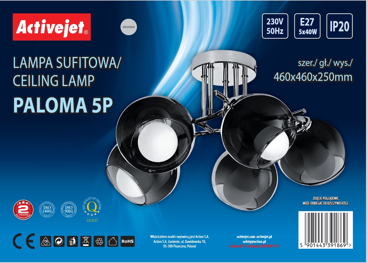 Llambë varëse Activejet AJE PALOMA 5P, 5xE27 40W, metal, argjendtë e zezë